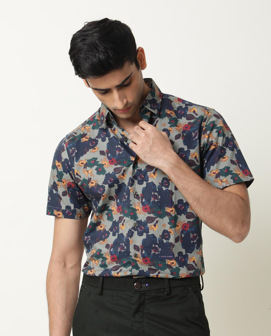 Rare Rabbit Men's Vishh Green Cotton Floral Print Regular Fit Half Sleeve Collared Shirt