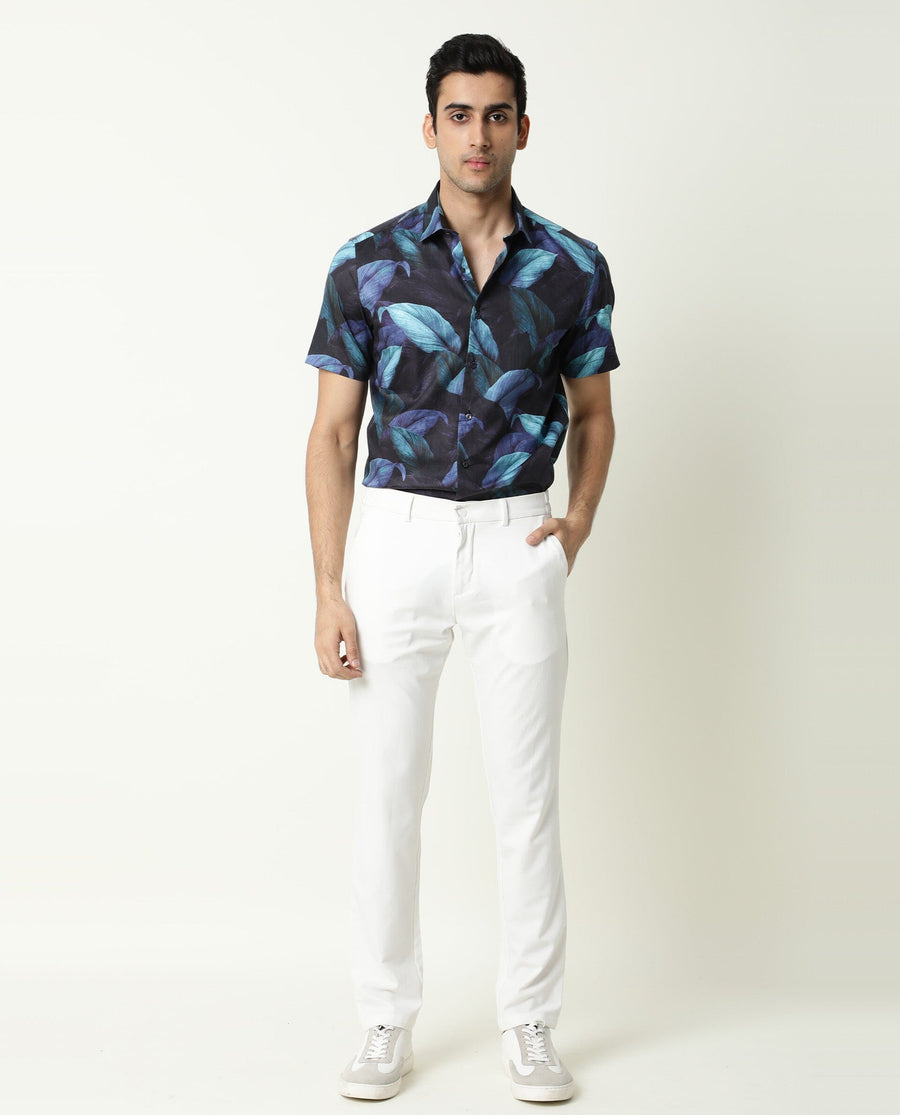 Rare Rabbit Men's Grower Navy Viscose Tropical Print Regular Fit Half Sleeve Spread Collar Shirt