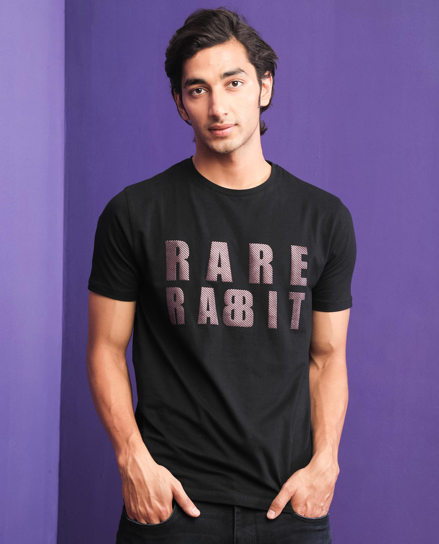 Rare Rabbit Men's Electricc Black Cotton Graphic Print Slim Fit Half Sleeve Crew Neck T-Shirt