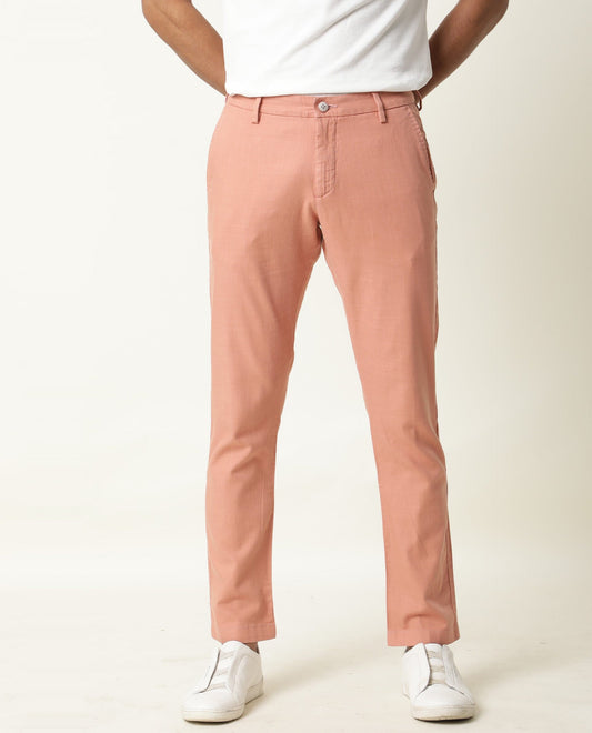Rare Rabbit Men's Corn Pink Cotton Plain Regular Fit Trouser