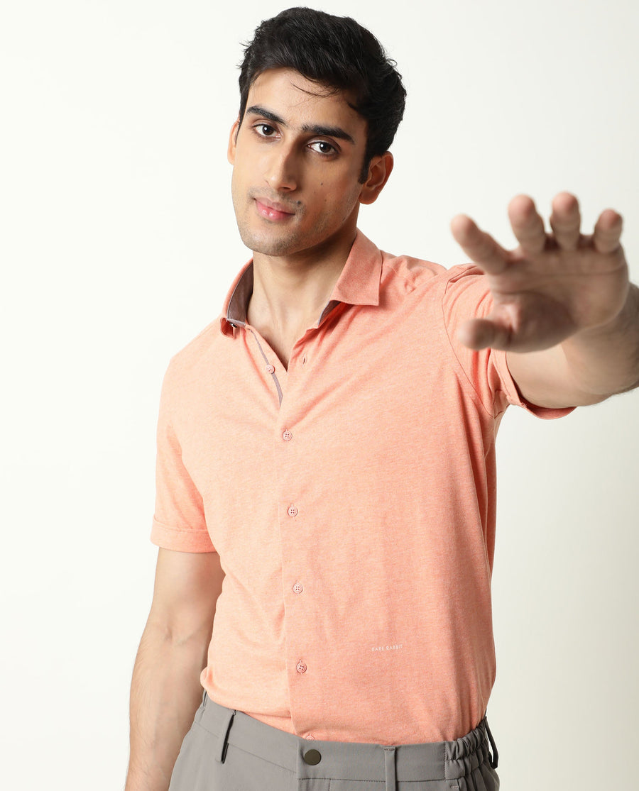 Rare Rabbit Men's Miraj Orange Cotton Plain Regular Fit Half Sleeve Collared Shirt
