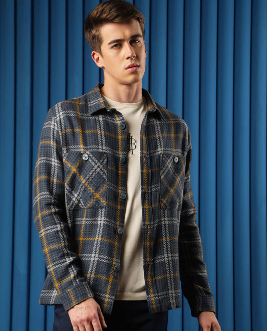 Rare Rabbit Men's Hunter Grey Cotton Checked Print Regular Fit Full Sleeve Spread Collar Jacket