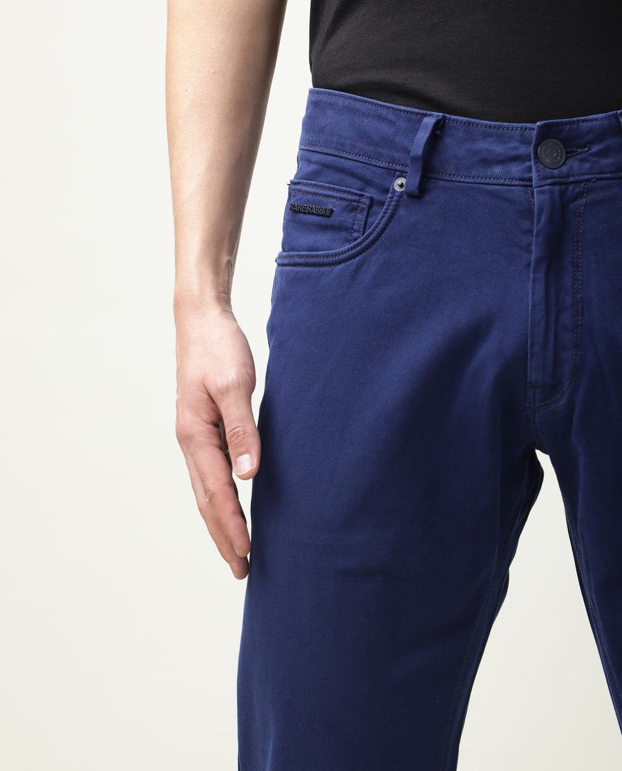 Rare Rabbit Men's Fiv5 Blue Cotton Plain Slim Fit Trouser