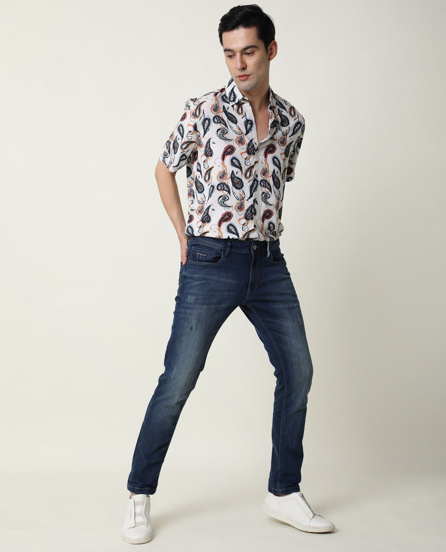 Rare Rabbit Men's Ivys Ss Beige Viscose Printed Regular Fit Half Sleeve Collared Shirt