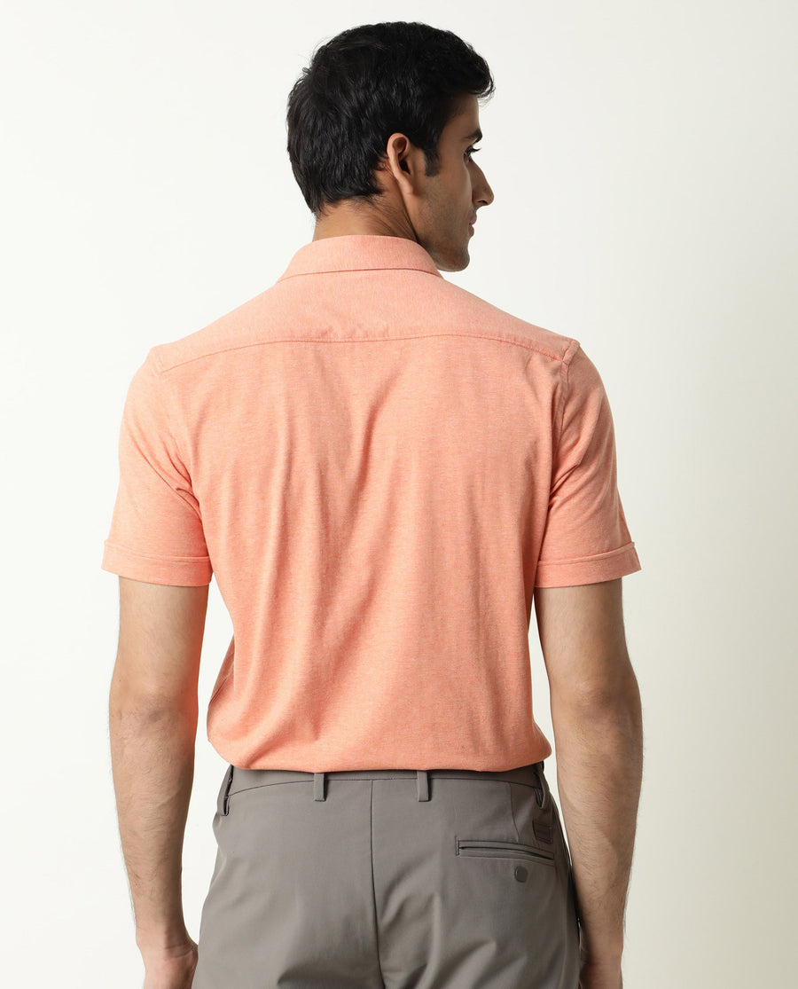 Rare Rabbit Men's Miraj Orange Cotton Plain Regular Fit Half Sleeve Collared Shirt