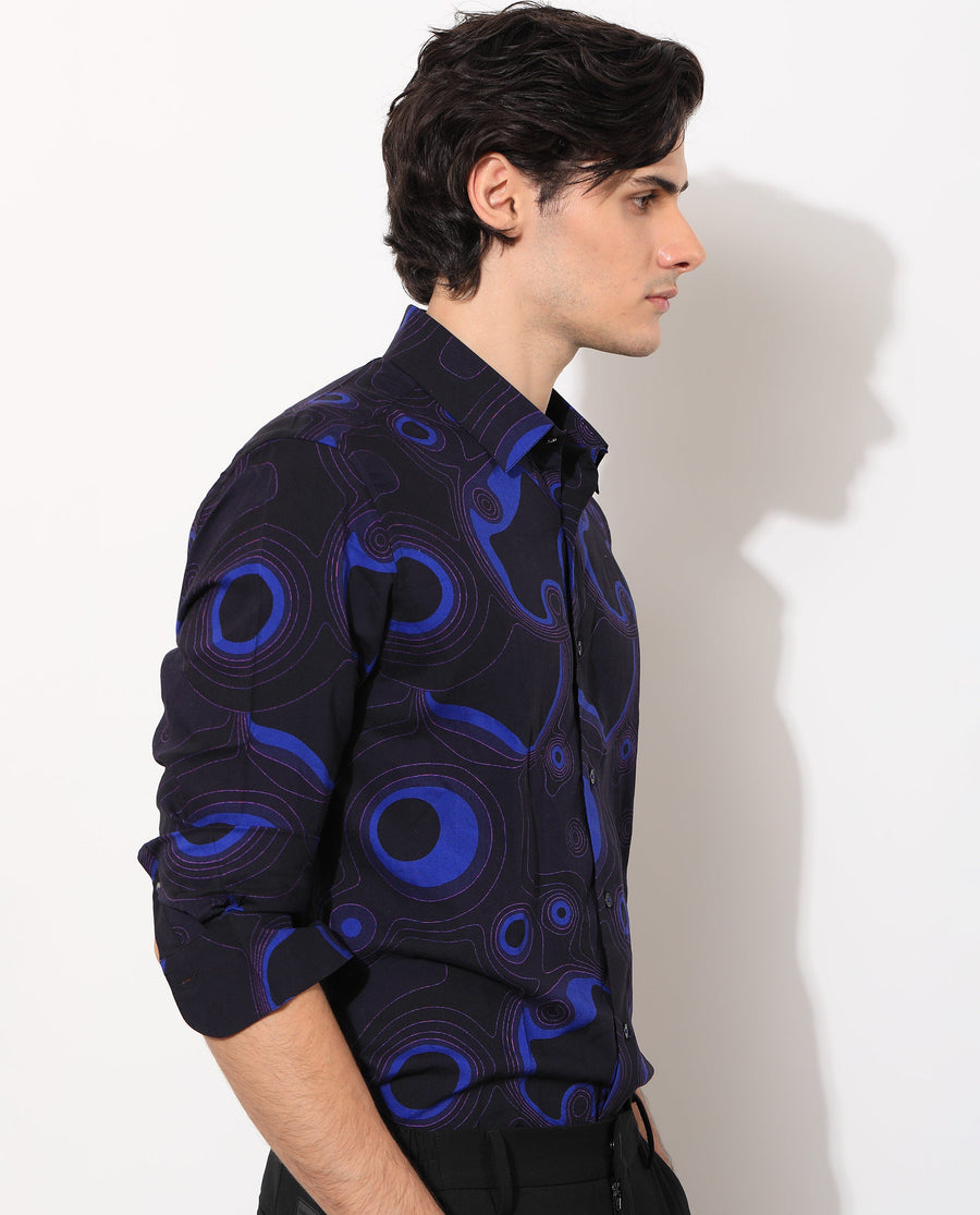 Rare Rabbit Men's Inlet Navy Cotton Abstract Print Regular Fit Full Sleeve Collared Shirt