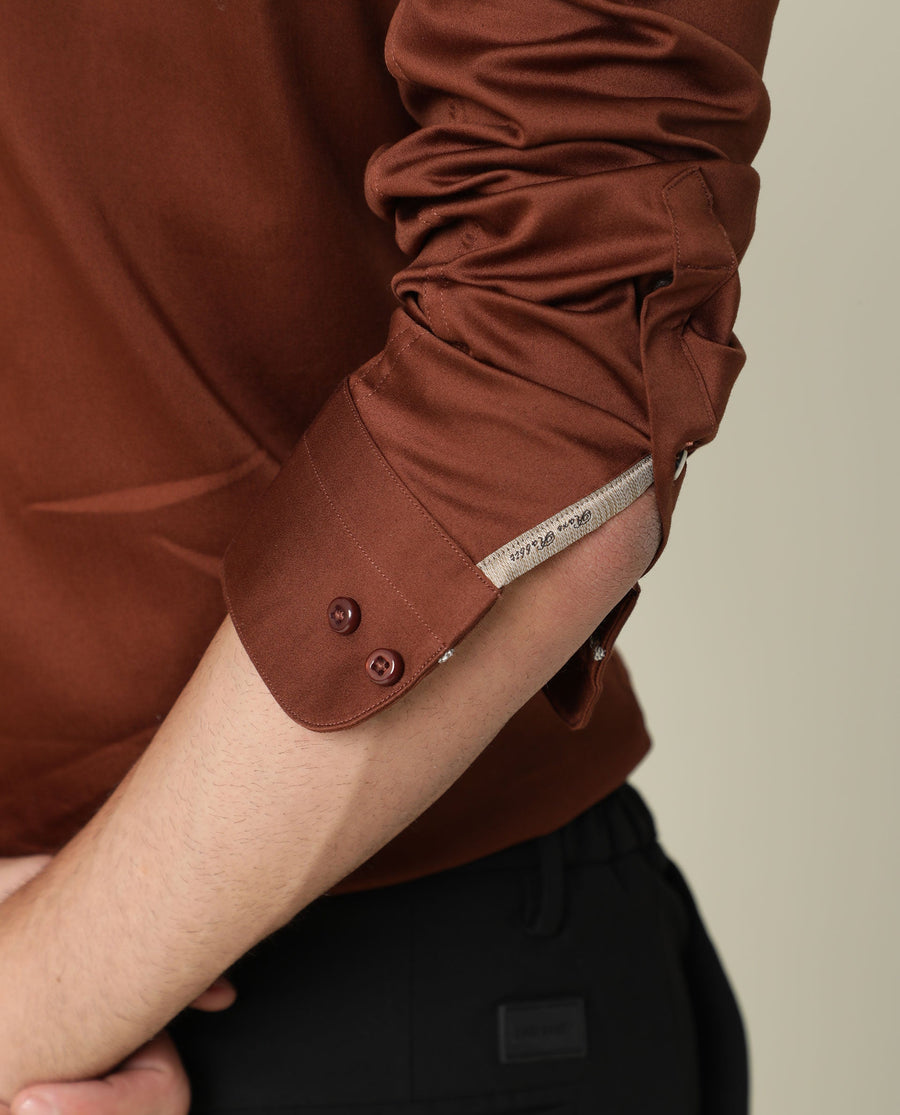 Rare Rabbit Men's Holand Rust Satin Plain Regular Fit Full Sleeve Collared Shirt