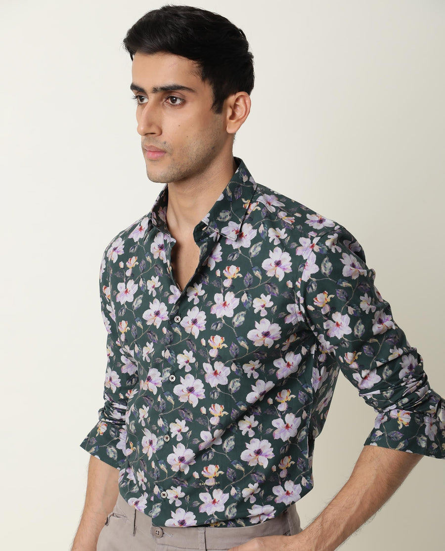 Rare Rabbit Men's Paintt Green Cotton Floral Print Regular Fit Full Sleeve Collared Shirt