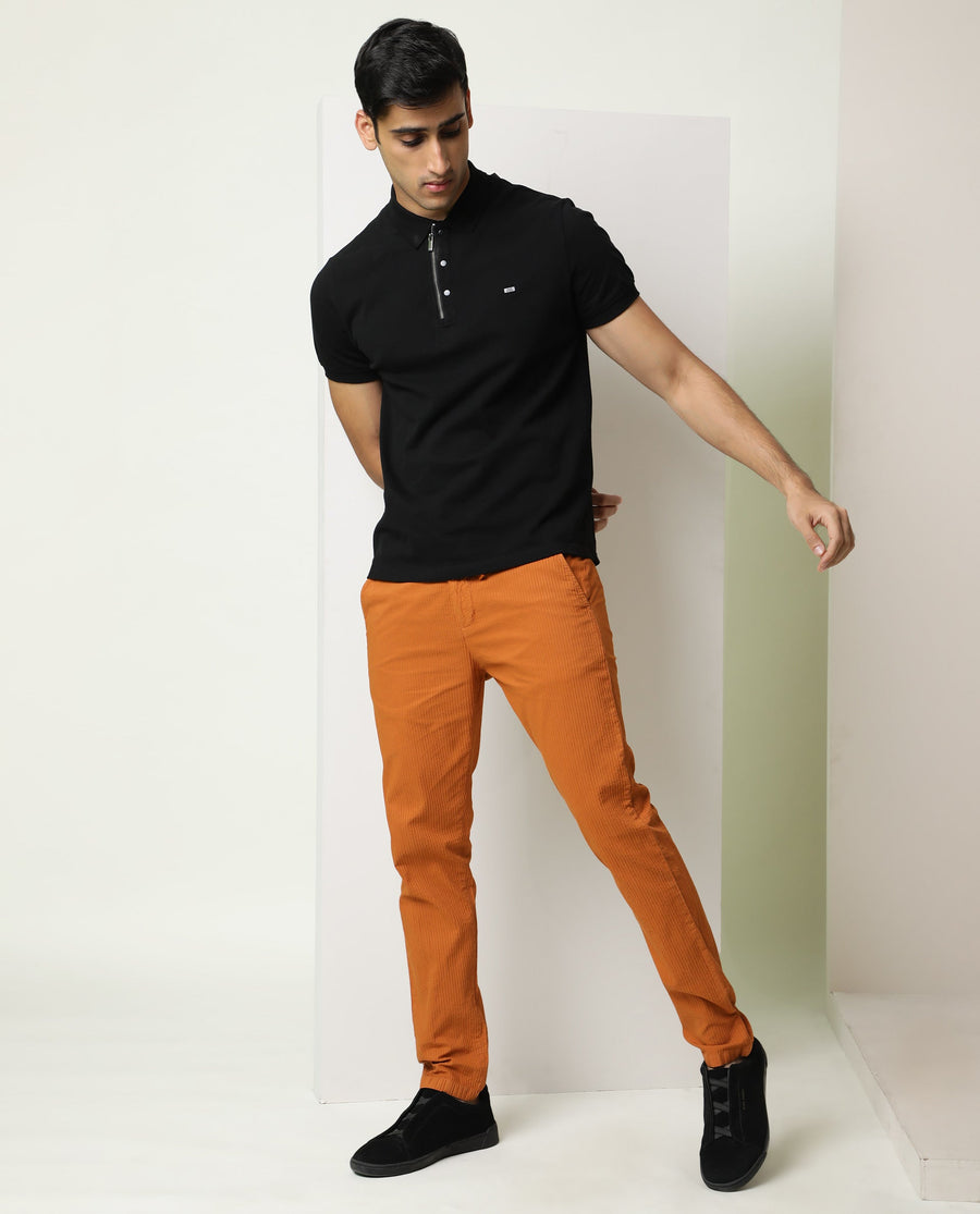 Rare Rabbit Men's Monter Orange Cotton Striped Print Regular Fit Trouser