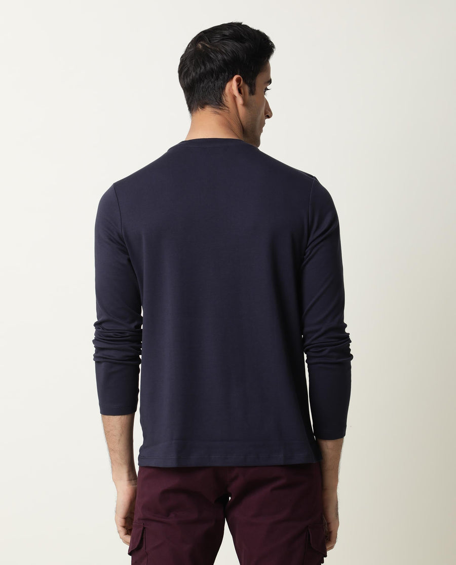 Rare Rabbit Men's Full Navy Cotton Plain Slim Fit Half Sleeve Crew Neck T-Shirt