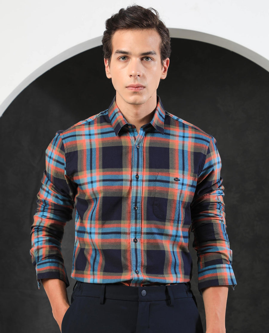 Rare Rabbit Men's Daneil Navy Cotton Checked Print Regular Fit Full Sleeve Collared Shirt