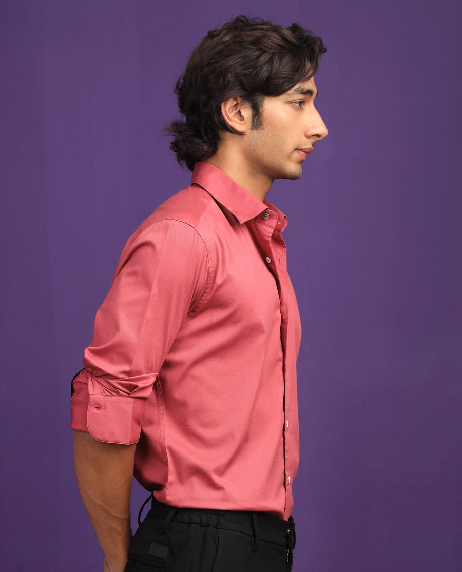 Rare Rabbit Men's Molde Dark Pink Cotton Plain Regular Fit Full Sleeve Collared Shirt