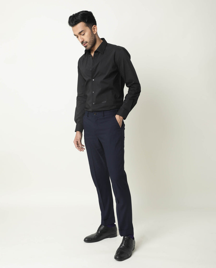 Rare Rabbit Men's Neutro Ls Black Polyester Plain Regular Fit Full Sleeve Collared Shirt
