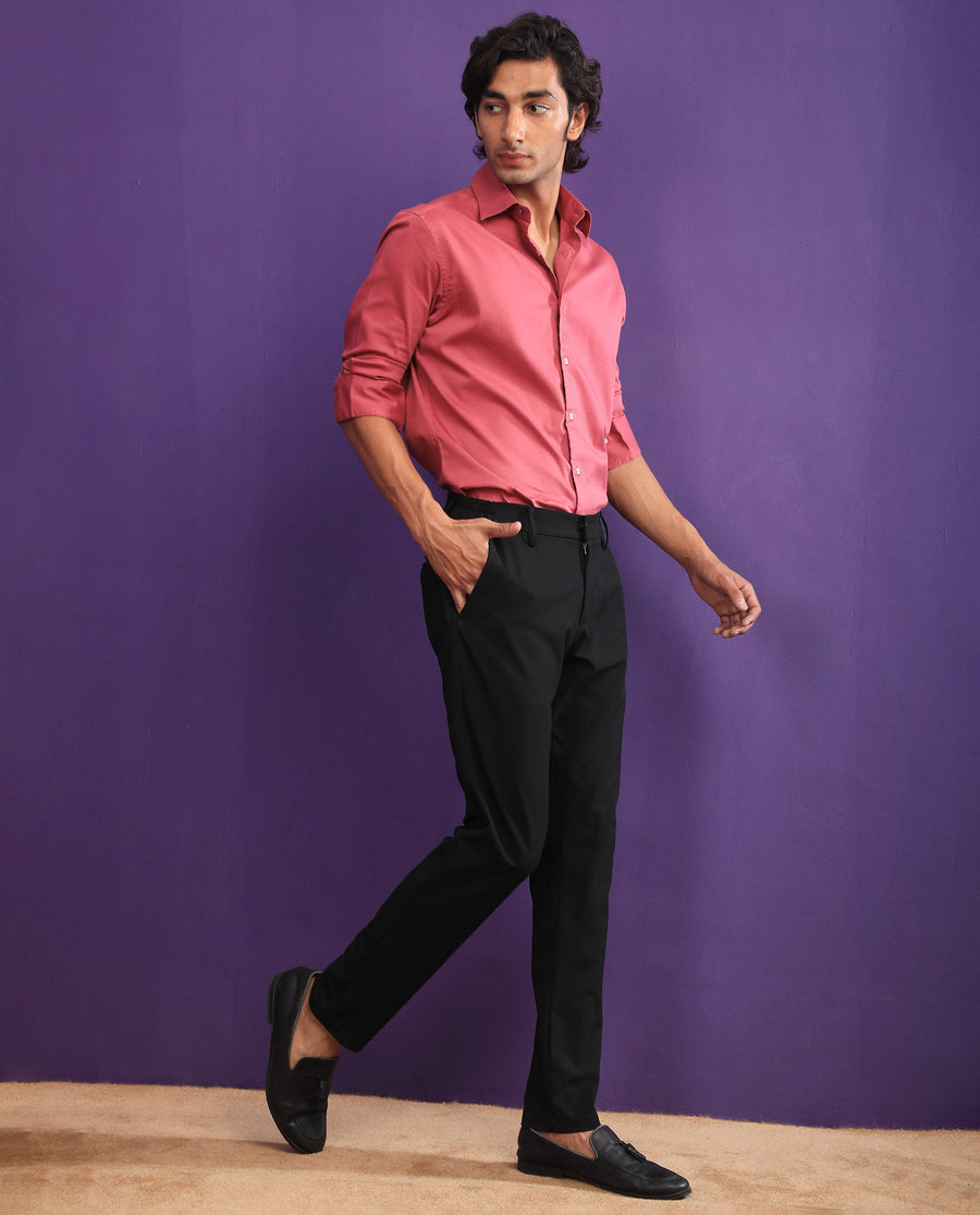 Rare Rabbit Men's Molde Dark Pink Cotton Plain Regular Fit Full Sleeve Collared Shirt