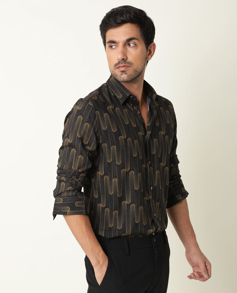 Rare Rabbit Men's Marshey Black Cotton Abstract Print Regular Fit Full Sleeve Collared Shirt