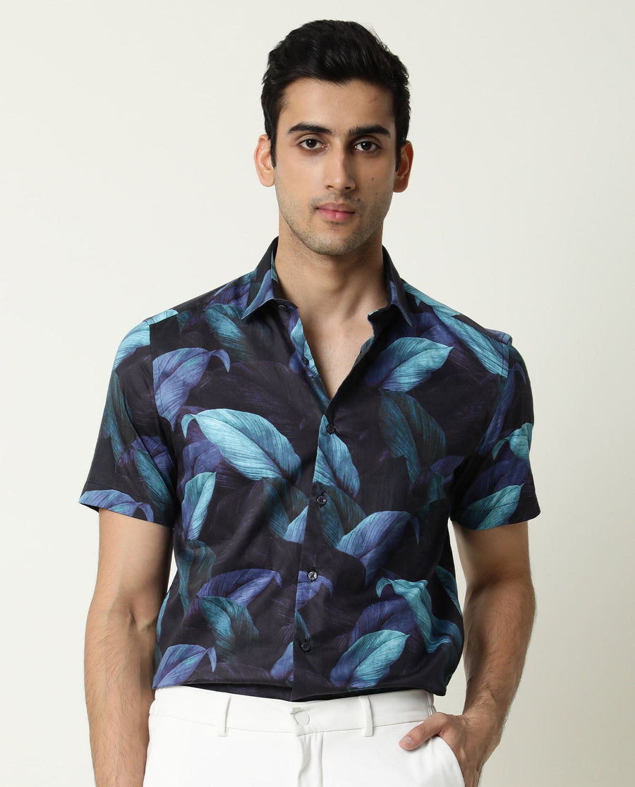 Rare Rabbit Men's Grower Navy Viscose Tropical Print Regular Fit Half Sleeve Spread Collar Shirt