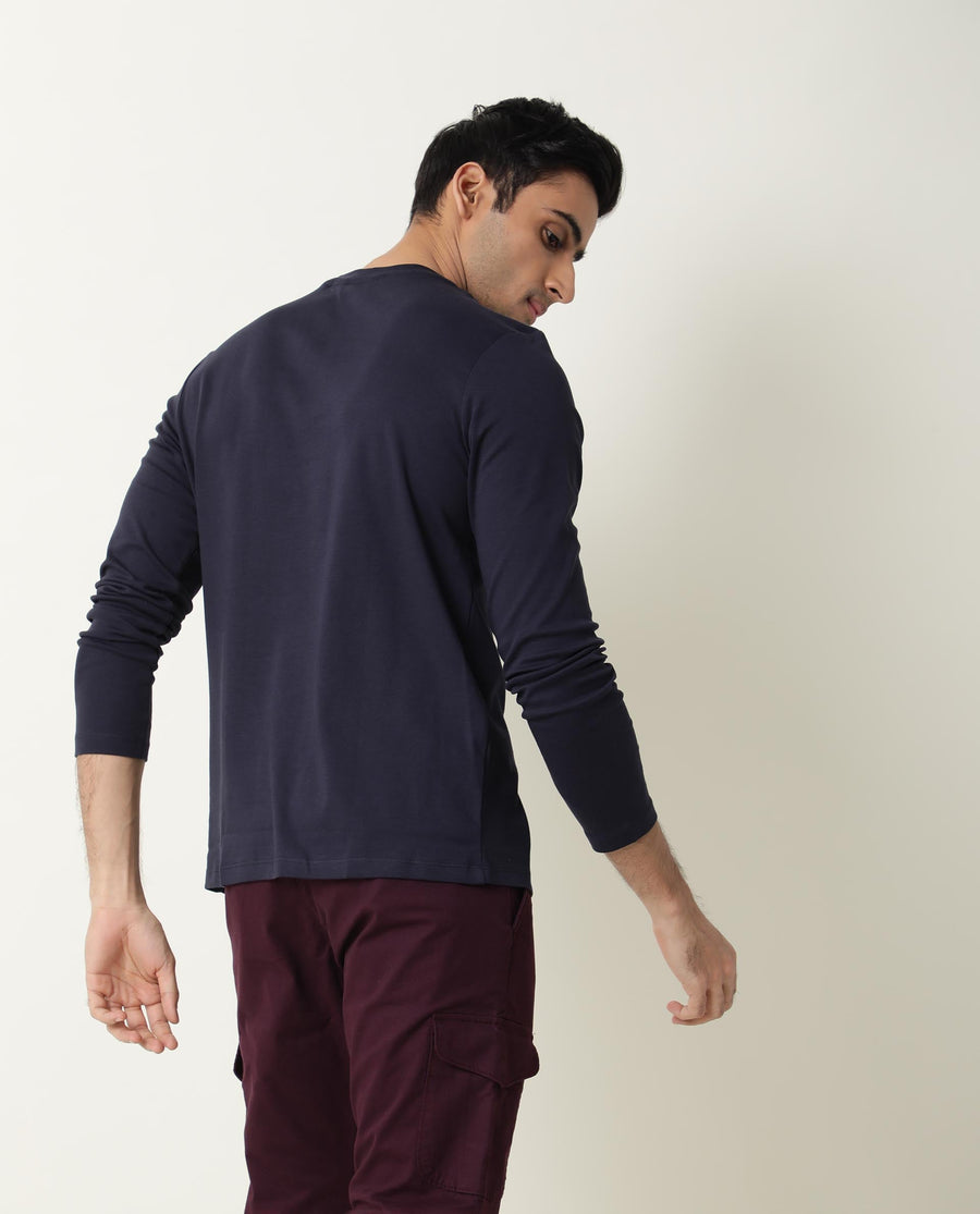 Rare Rabbit Men's Full Navy Cotton Plain Slim Fit Half Sleeve Crew Neck T-Shirt