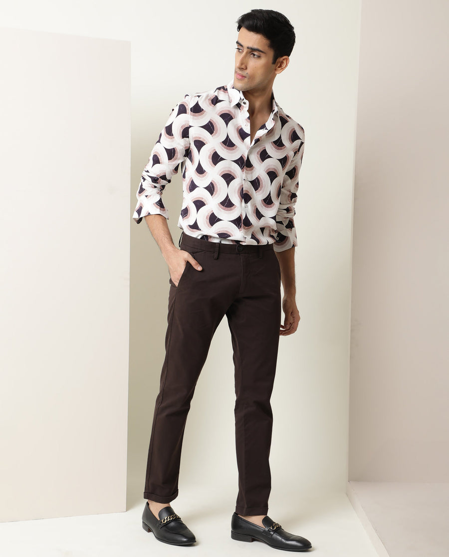 Rare Rabbit Men's Febug Off White Viscose Geometric Print Regular Fit Full Sleeve Collared Shirt