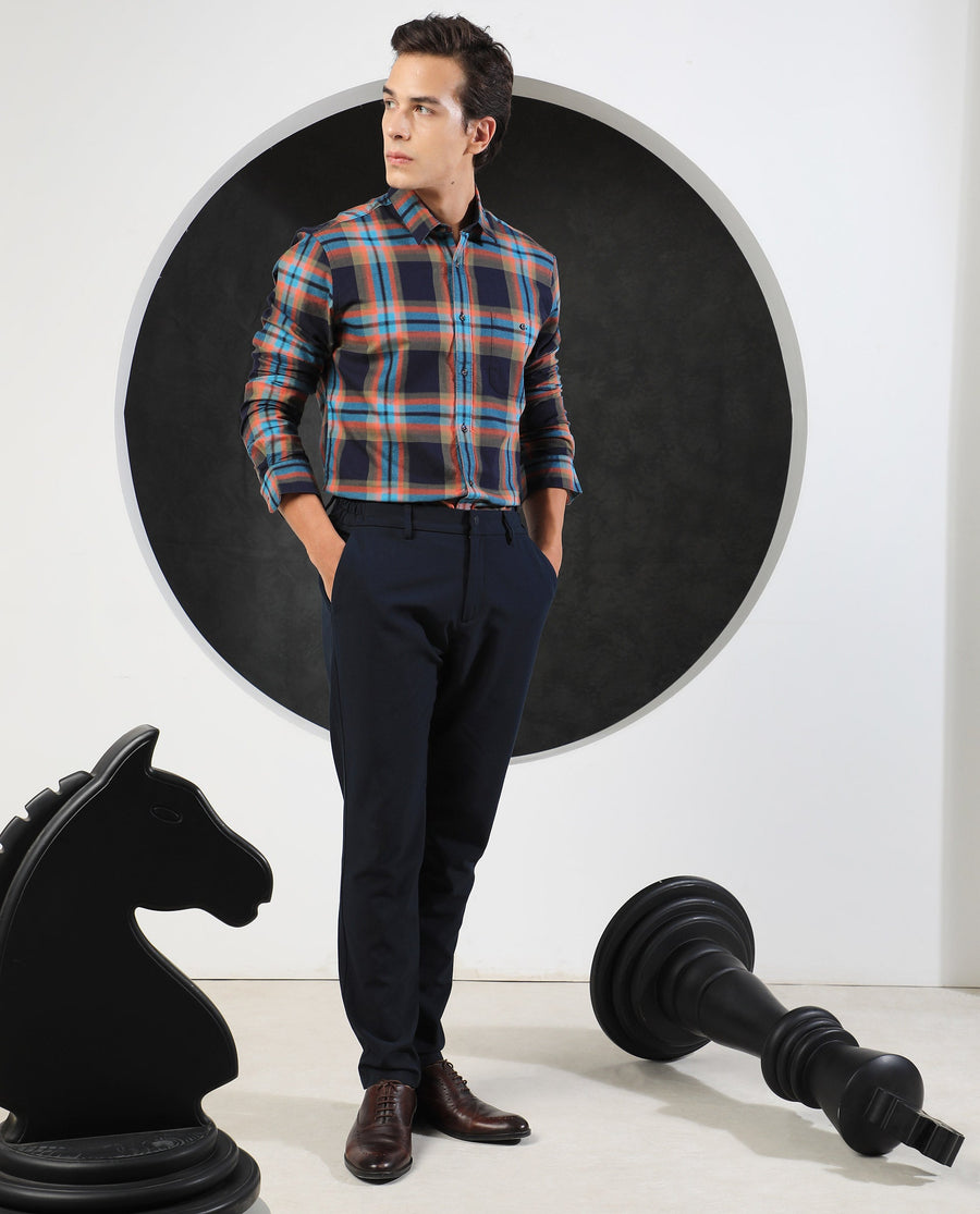 Rare Rabbit Men's Daneil Navy Cotton Checked Print Regular Fit Full Sleeve Collared Shirt