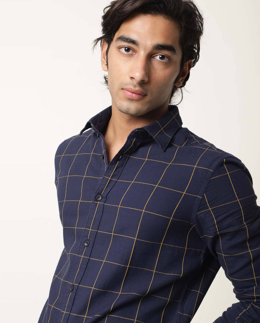 Rare Rabbit Men's Corneto Navy Cotton Checked Print Regular Fit Full Sleeve Collared Shirt