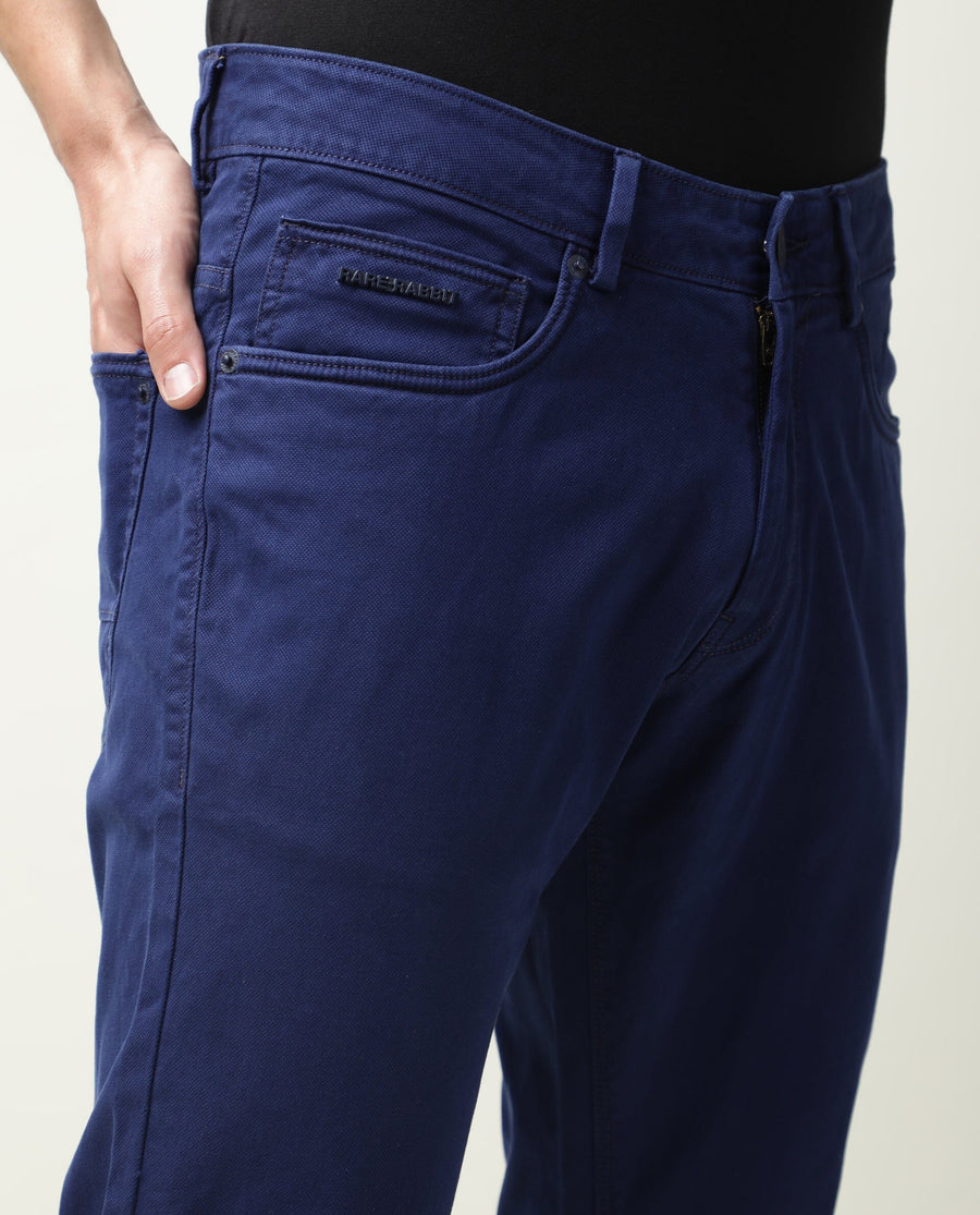 Rare Rabbit Men's Fiv5 Blue Cotton Plain Slim Fit Trouser