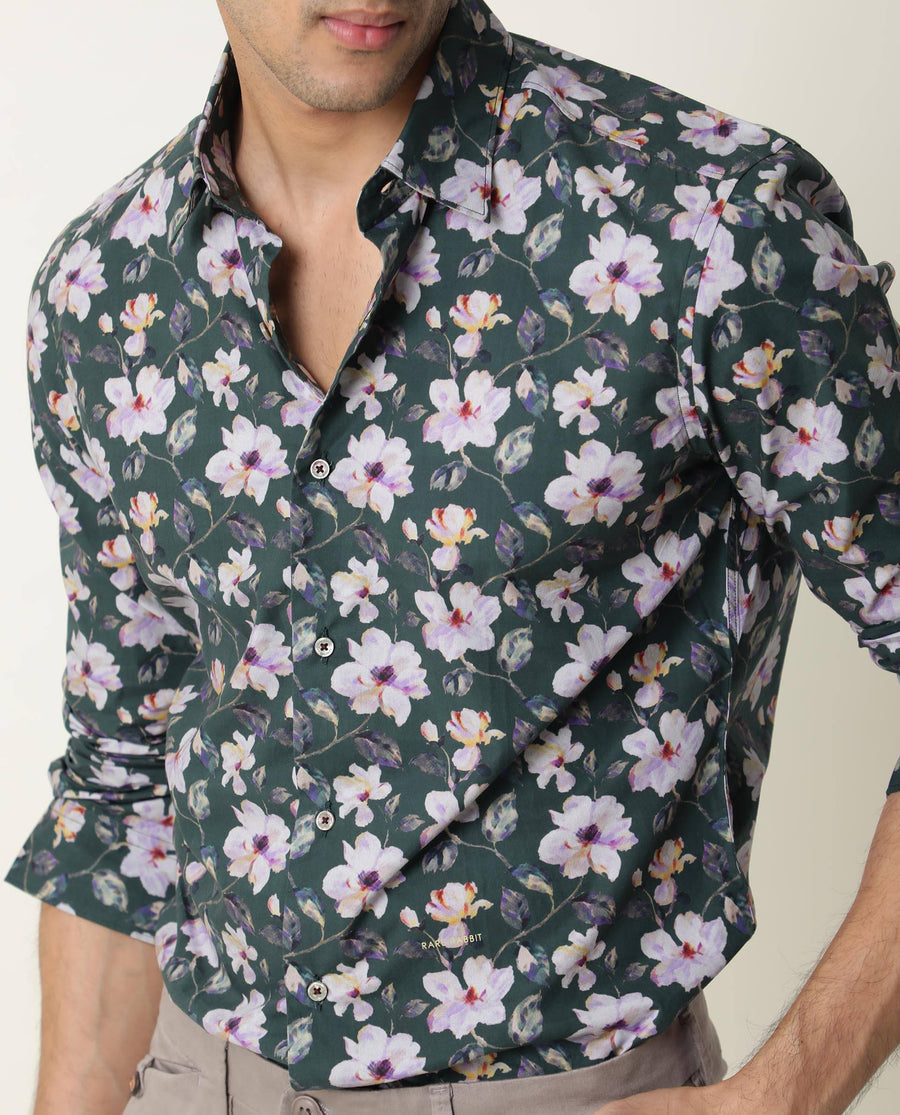 Rare Rabbit Men's Paintt Green Cotton Floral Print Regular Fit Full Sleeve Collared Shirt