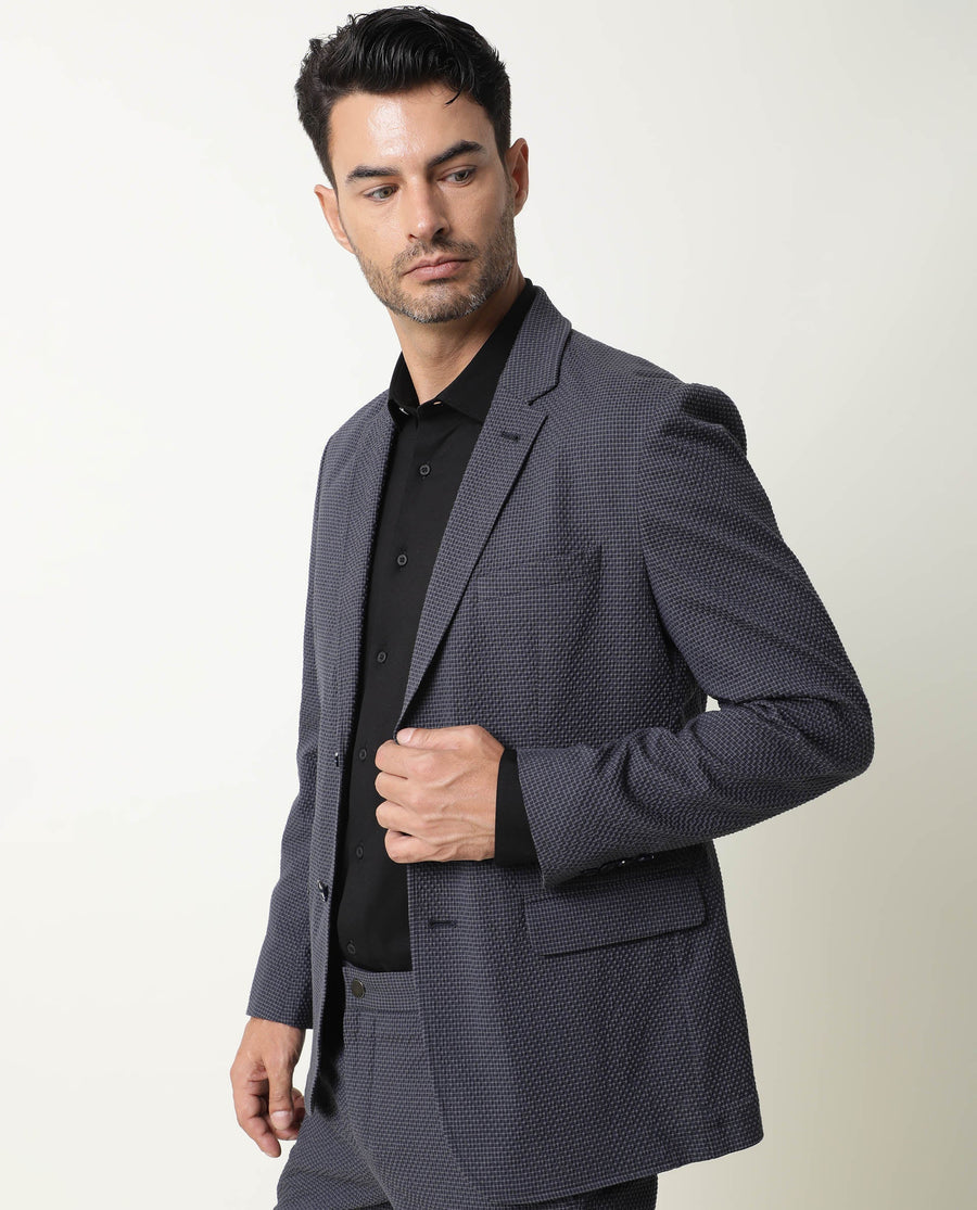 Rare Rabbit Men's Alps Navy Cotton Checked Print Tailored Fit Full Sleeve Lapel Neck Blazer