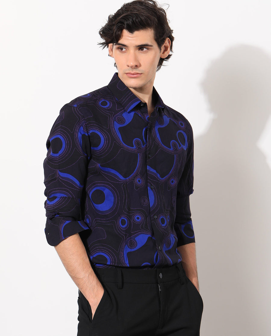 Rare Rabbit Men's Inlet Navy Cotton Abstract Print Regular Fit Full Sleeve Collared Shirt