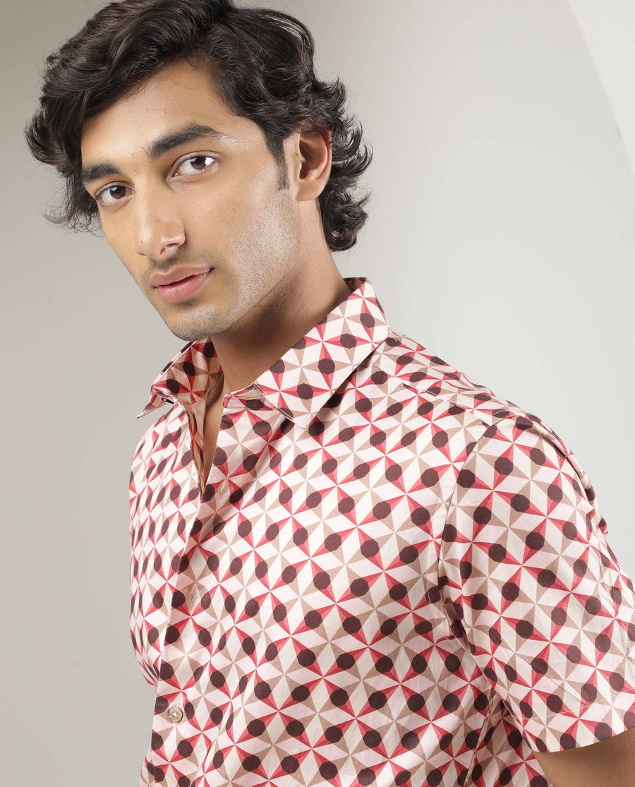 Rare Rabbit Men's Stanet Pink Cotton Geometric Print Regular Fit Half Sleeve Collared Shirt