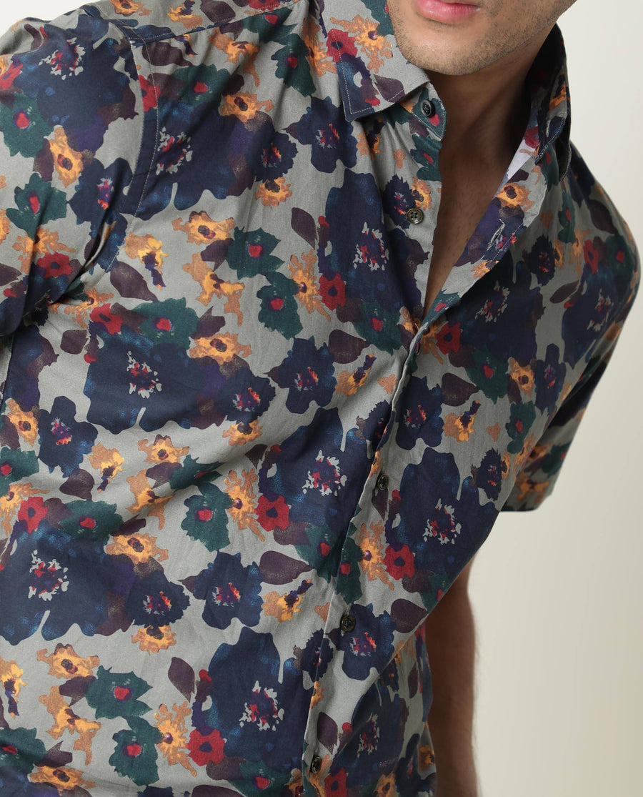 Rare Rabbit Men's Vishh Green Cotton Floral Print Regular Fit Half Sleeve Collared Shirt