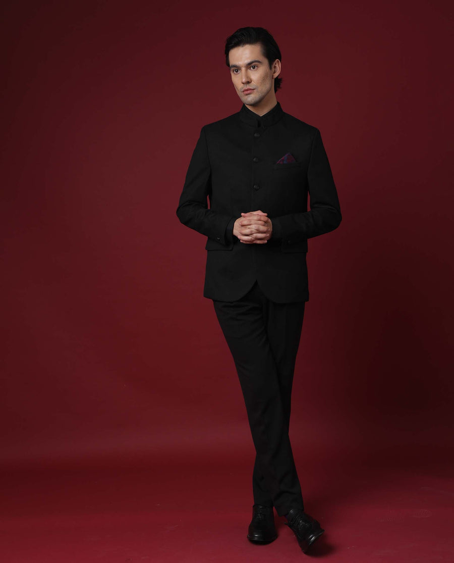 Rare Rabbit Men's Edit Band Black Polyester Plain Tailored Fit Full Sleeve Mandarin Collar Bandhgala Jodhpuri
