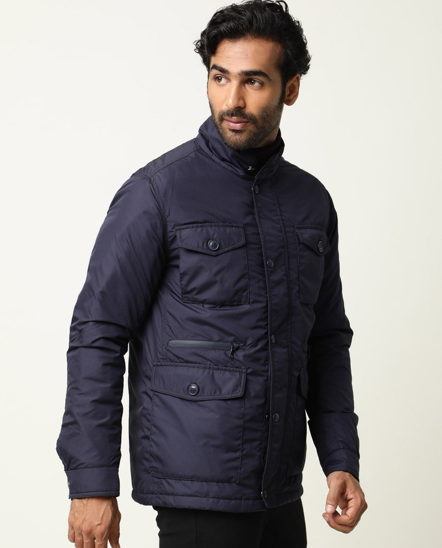 Rare Rabbit Men's Mass Navy Polyester Plain Relaxed Fit Full Sleeve Mandarin Collar Jacket