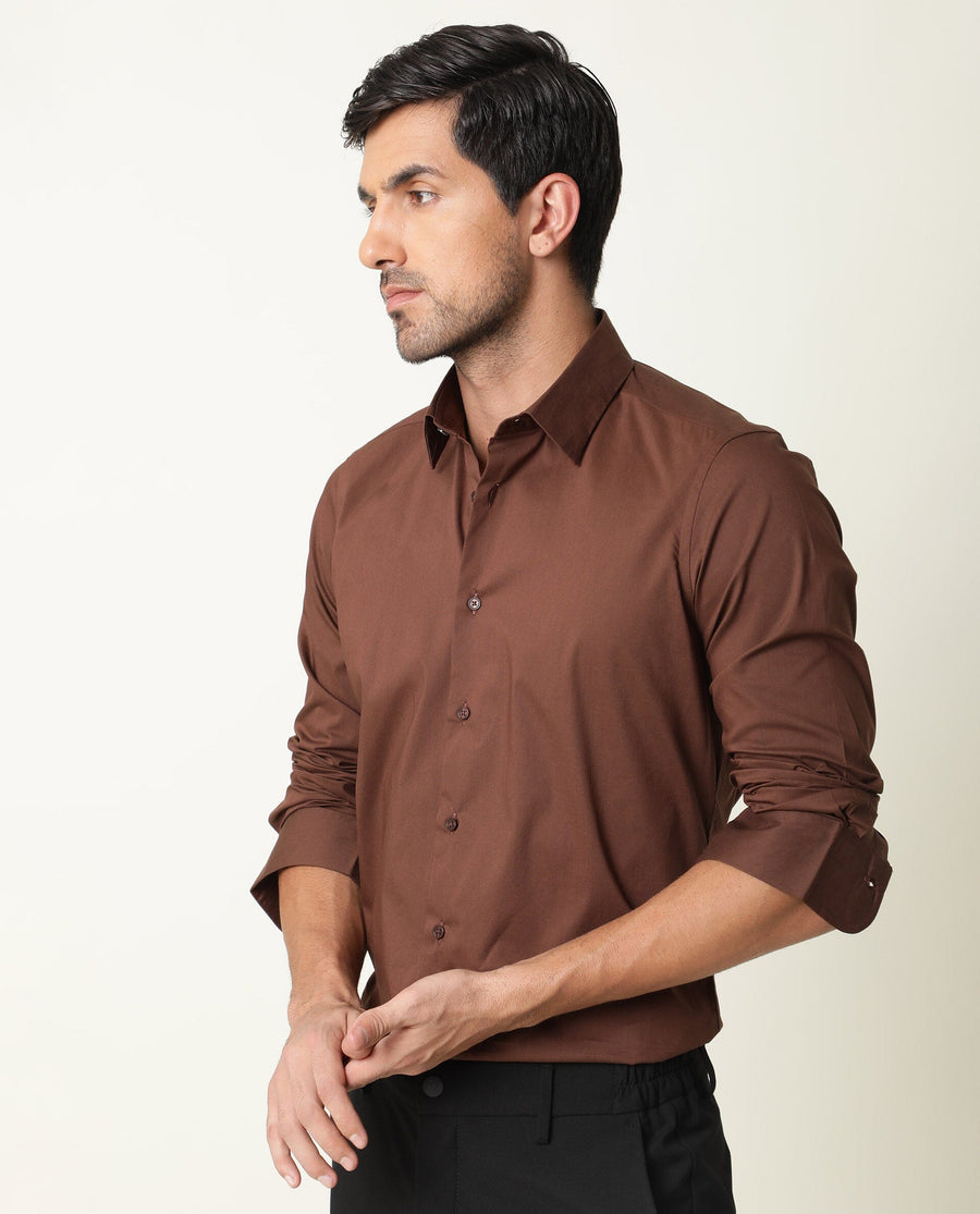 Rare Rabbit Men's Benedict Brown Cotton Plain Regular Fit Full Sleeve Collared Shirt