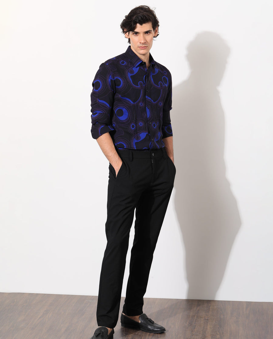 Rare Rabbit Men's Inlet Navy Cotton Abstract Print Regular Fit Full Sleeve Collared Shirt