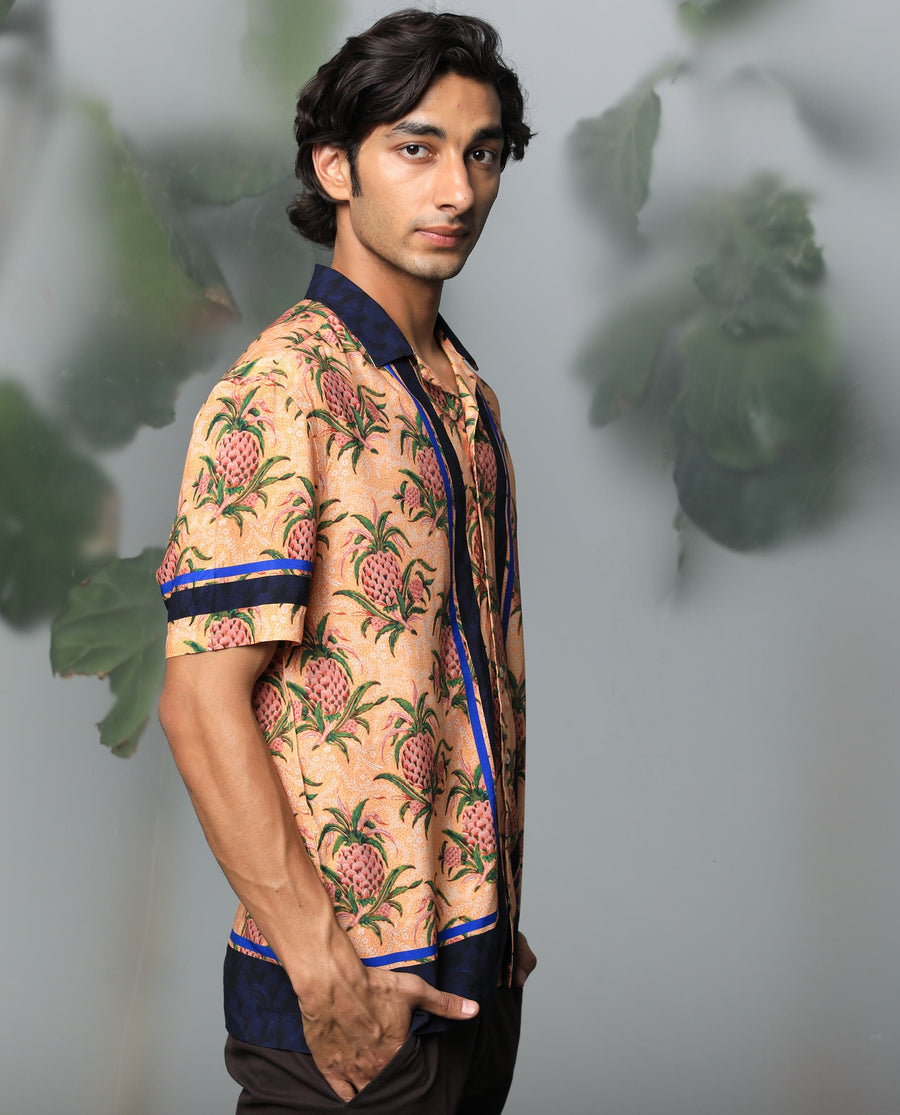 Rare Rabbit Men's Banes Beige Viscose Floral Print Regular Fit Half Sleeve Cuban Collar Shirt