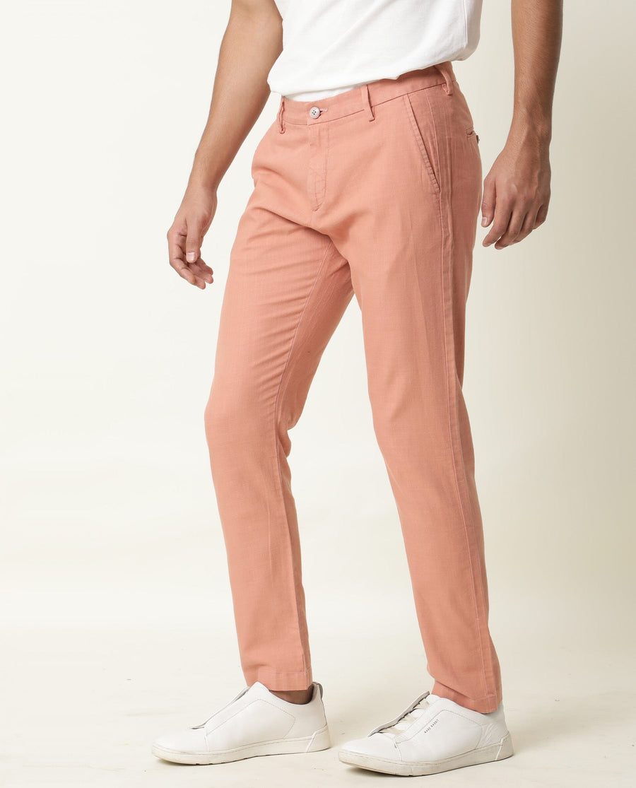 Rare Rabbit Men's Corn Pink Cotton Plain Regular Fit Trouser
