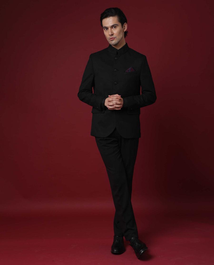 Rare Rabbit Men's Edit Band Black Polyester Plain Tailored Fit Full Sleeve Mandarin Collar Bandhgala Jodhpuri