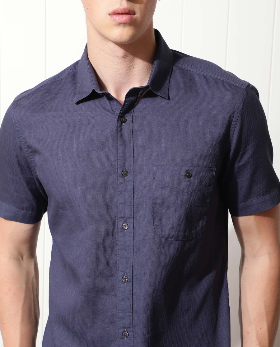 Rare Rabbit Men's Affle Dark Purple Cotton Plain Tailored Fit Half Sleeve Collared Shirt