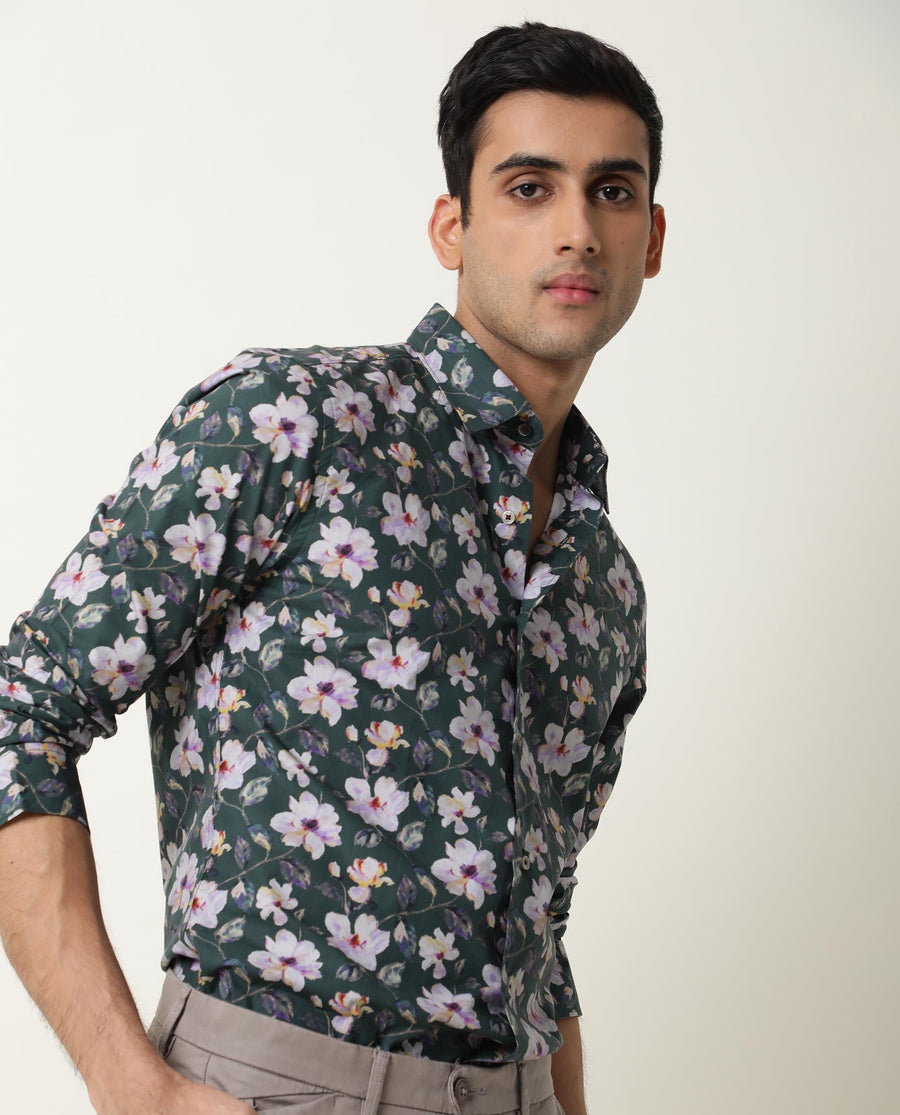 Rare Rabbit Men's Paintt Green Cotton Floral Print Regular Fit Full Sleeve Collared Shirt