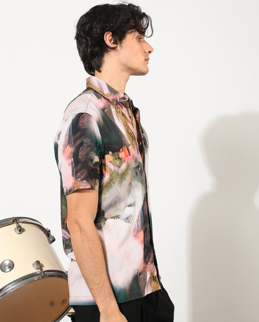 Rare Rabbit Men's Painter Green Viscose Abstract Print Regular Fit Half Sleeve Collared Shirt