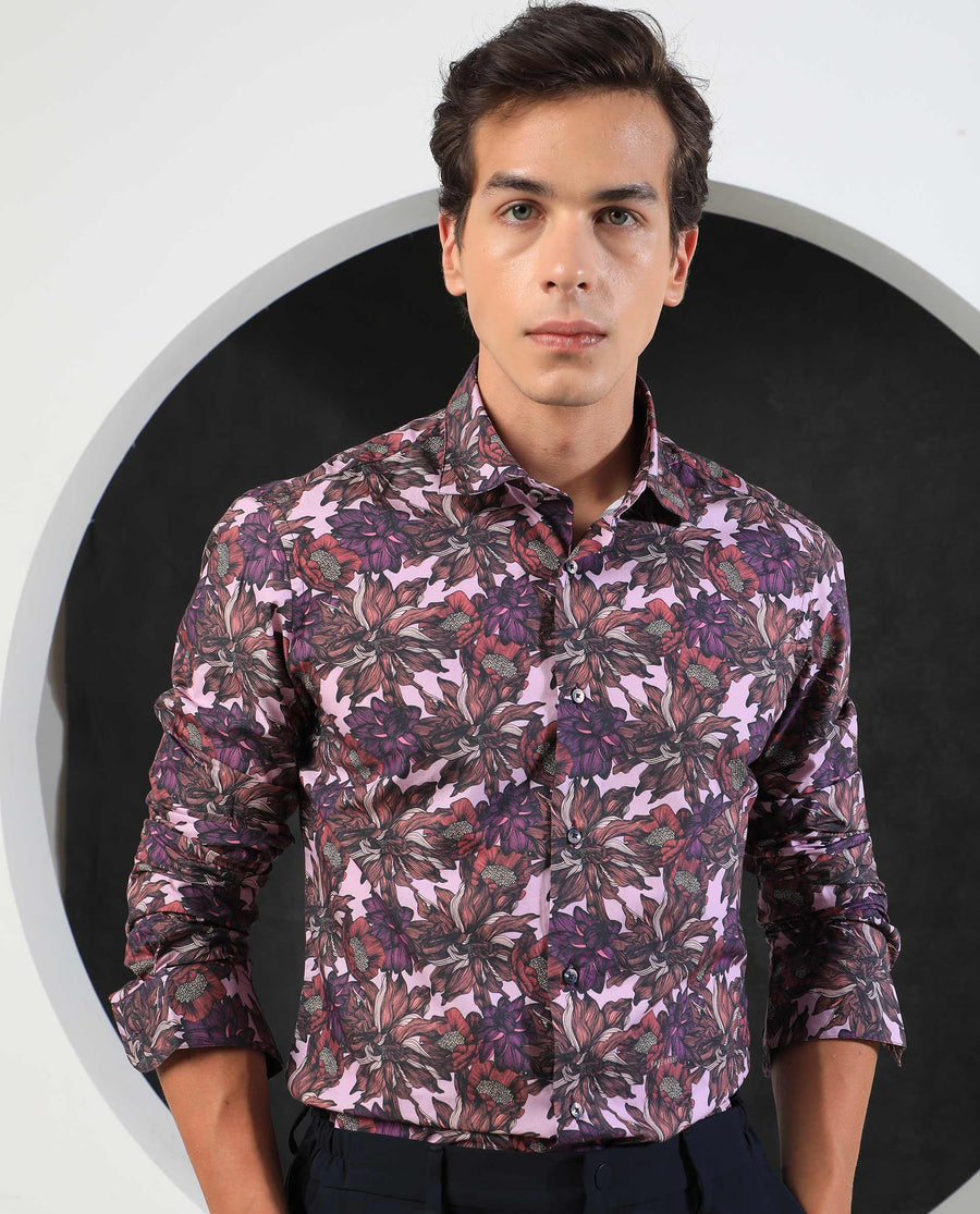 Rare Rabbit Men's Ezee Purple Cotton Floral Print Regular Fit Full Sleeve Collared Shirt
