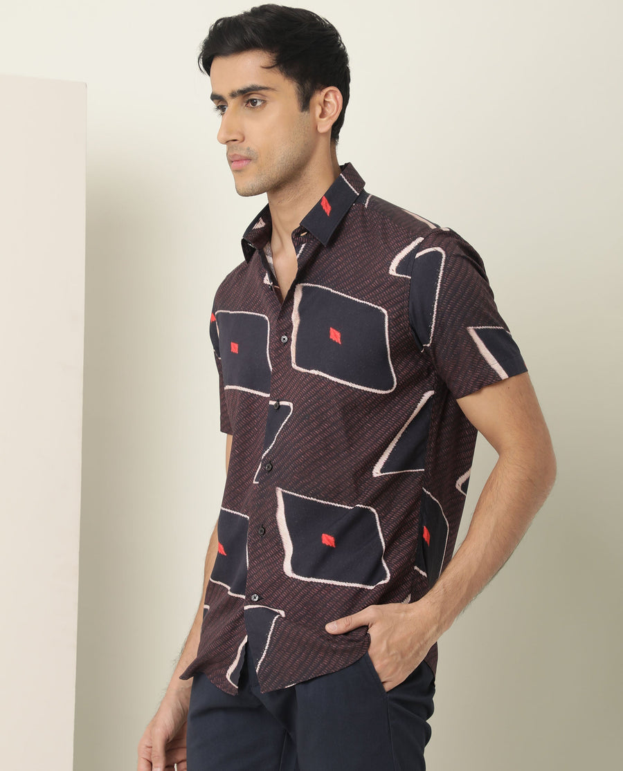 Rare Rabbit Men's Nistic Brown Viscose Geometric Print Regular Fit Half Sleeve Collared Shirt