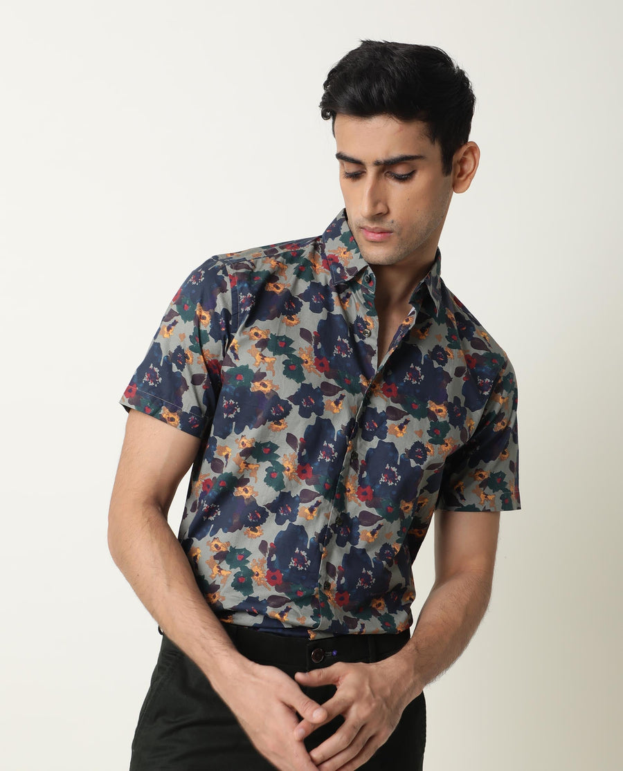 Rare Rabbit Men's Vishh Green Cotton Floral Print Regular Fit Half Sleeve Collared Shirt
