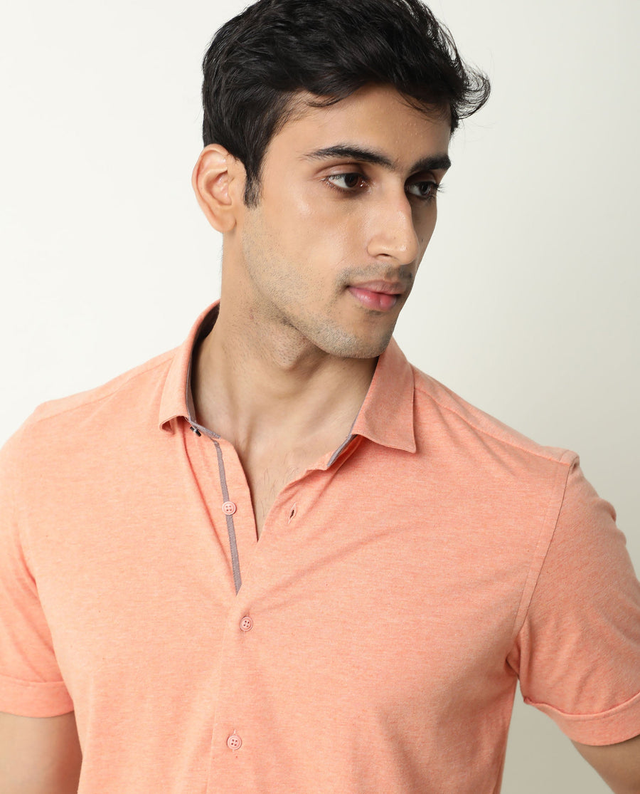 Rare Rabbit Men's Miraj Orange Cotton Plain Regular Fit Half Sleeve Collared Shirt