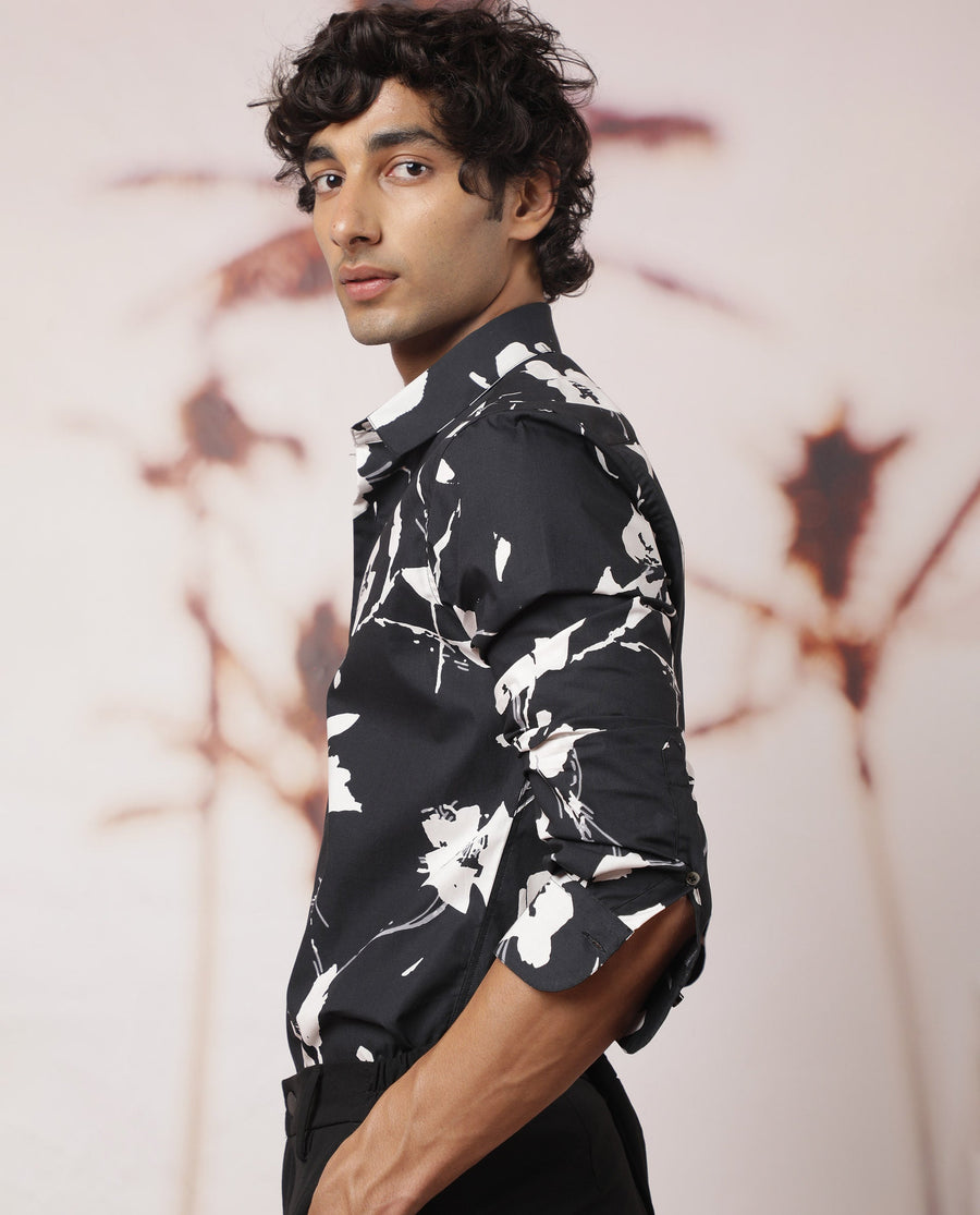 Rare Rabbit Men's Sketcherr Black Cotton Floral Print Regular Fit Full Sleeve Collared Shirt