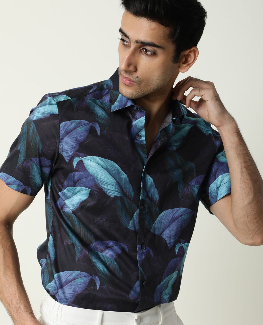 Rare Rabbit Men's Grower Navy Viscose Tropical Print Regular Fit Half Sleeve Spread Collar Shirt