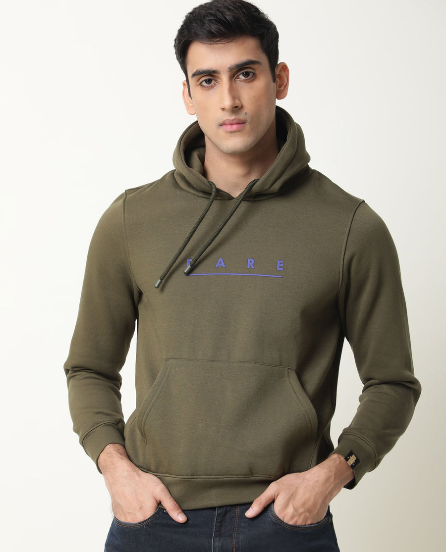 Rare Rabbit Men's Omi Olive Cotton Graphic Print Relaxed Fit Full Sleeve Hooded Sweatshirt