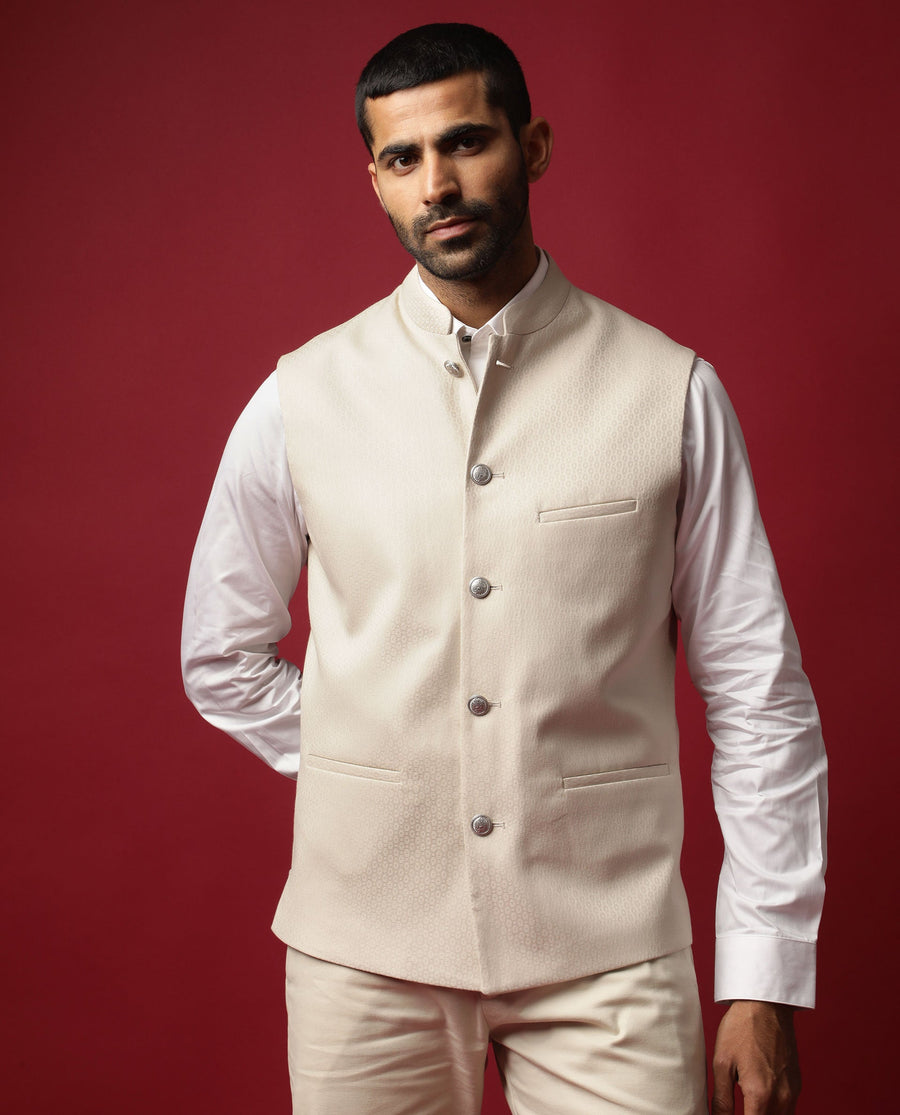 Rare Rabbit Men's Oakla Beige Polyester Jacquard Tailored Fit Sleeveless Mandarin Collar Bandhgala
