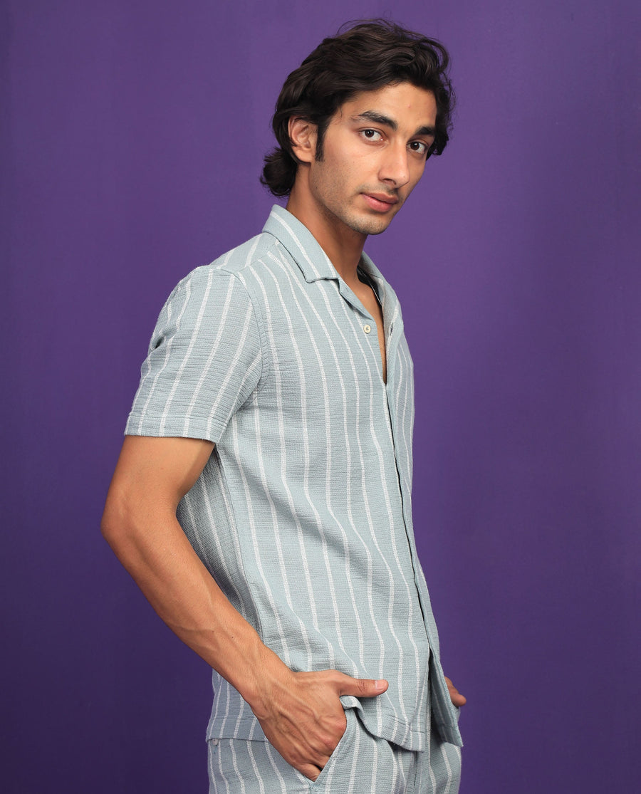 Rare Rabbit Men's Nanos Pastel Green Cotton Striped Print Regular Fit Half Sleeve Cuban Collar Shirt