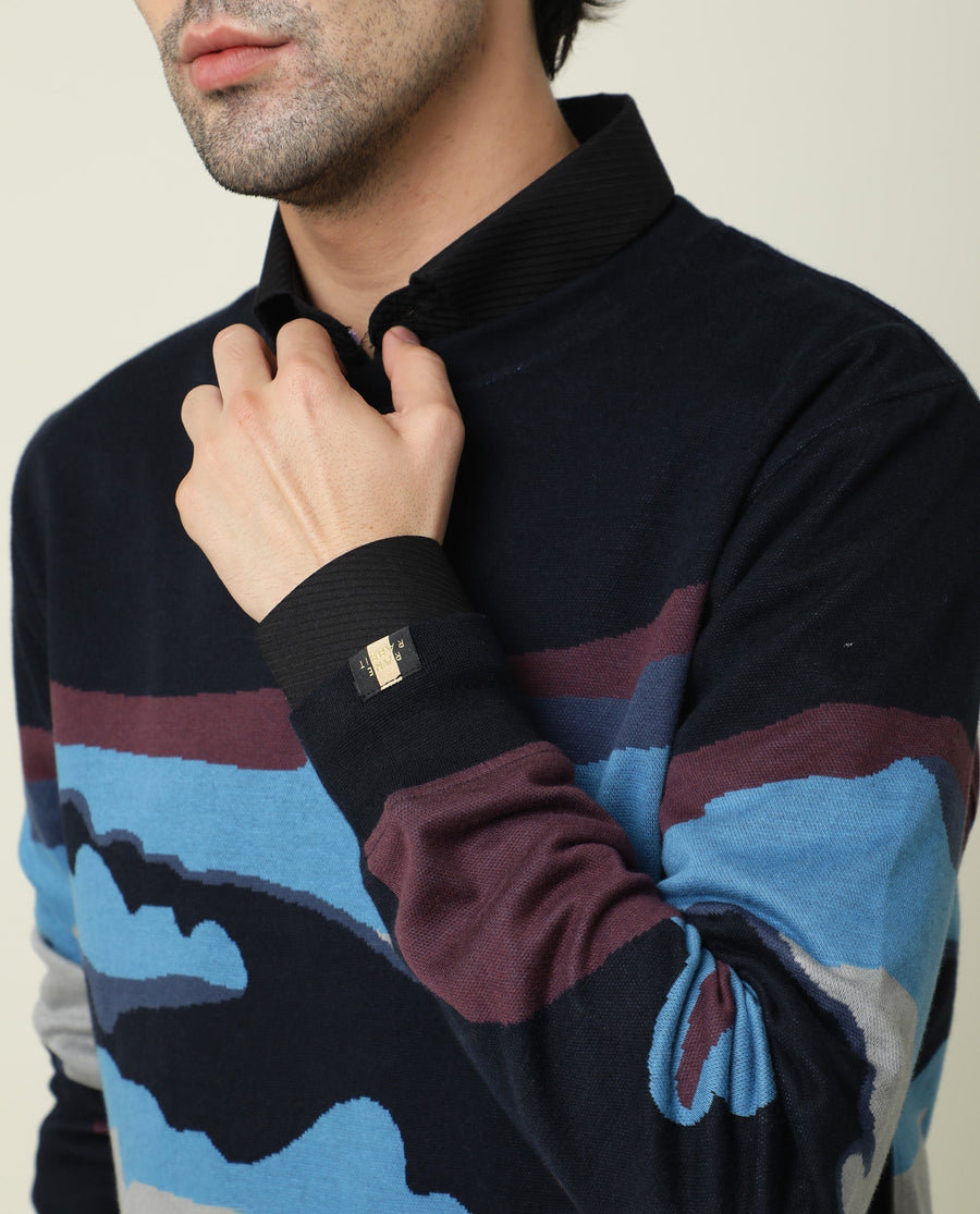 Rare Rabbit Men's Hill Navy Cotton Jacquard Slim Fit Full Sleeve Crew Neck Sweatshirt